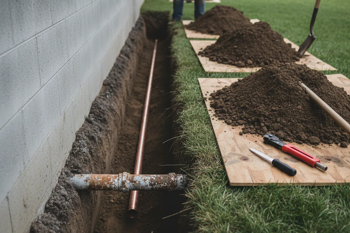 Excavated water line trench during Water Heater Repair in Kuna